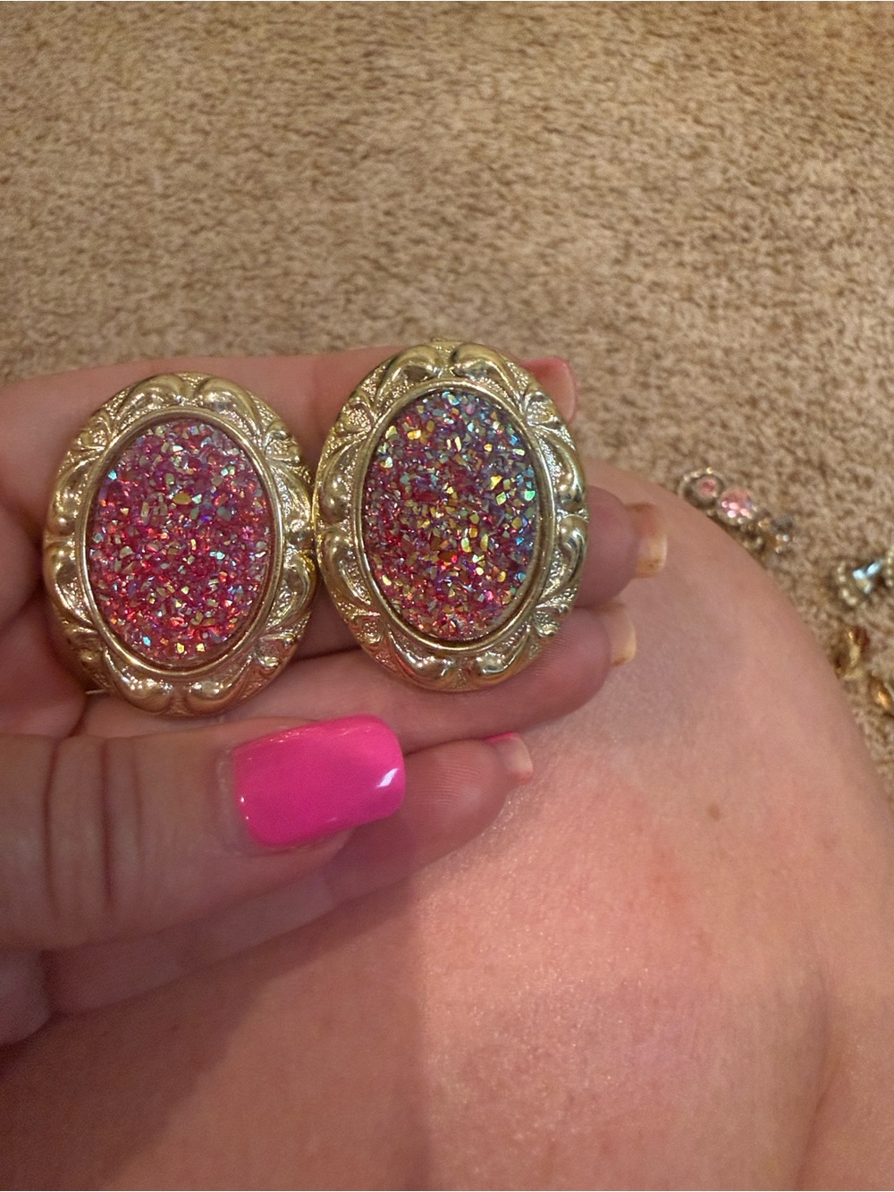 Gold-Tone Pink Iridescent Druzy stud Earrings - Women Jewelry
